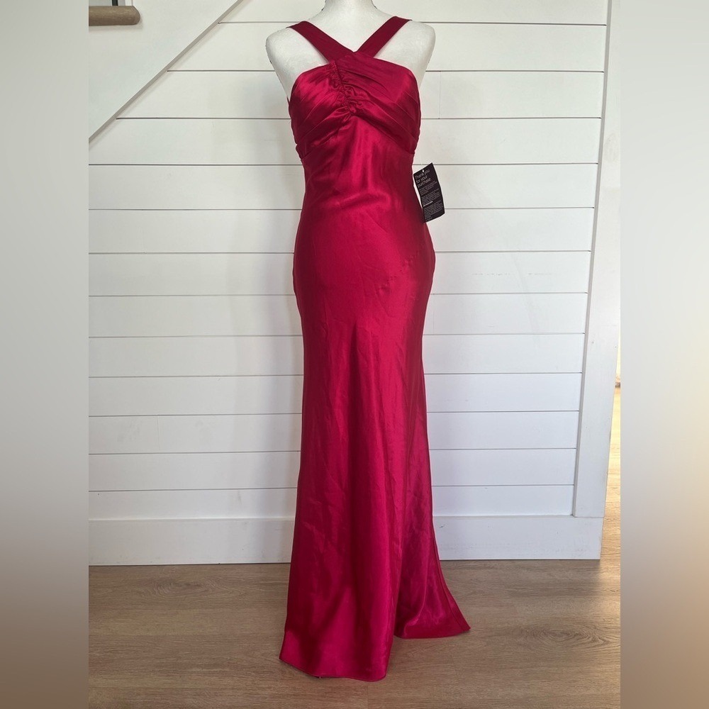 Vintage Blondie Nites Stacy Sklar Hot Pink Ruched Halter Maxi Prom Dress Size 1